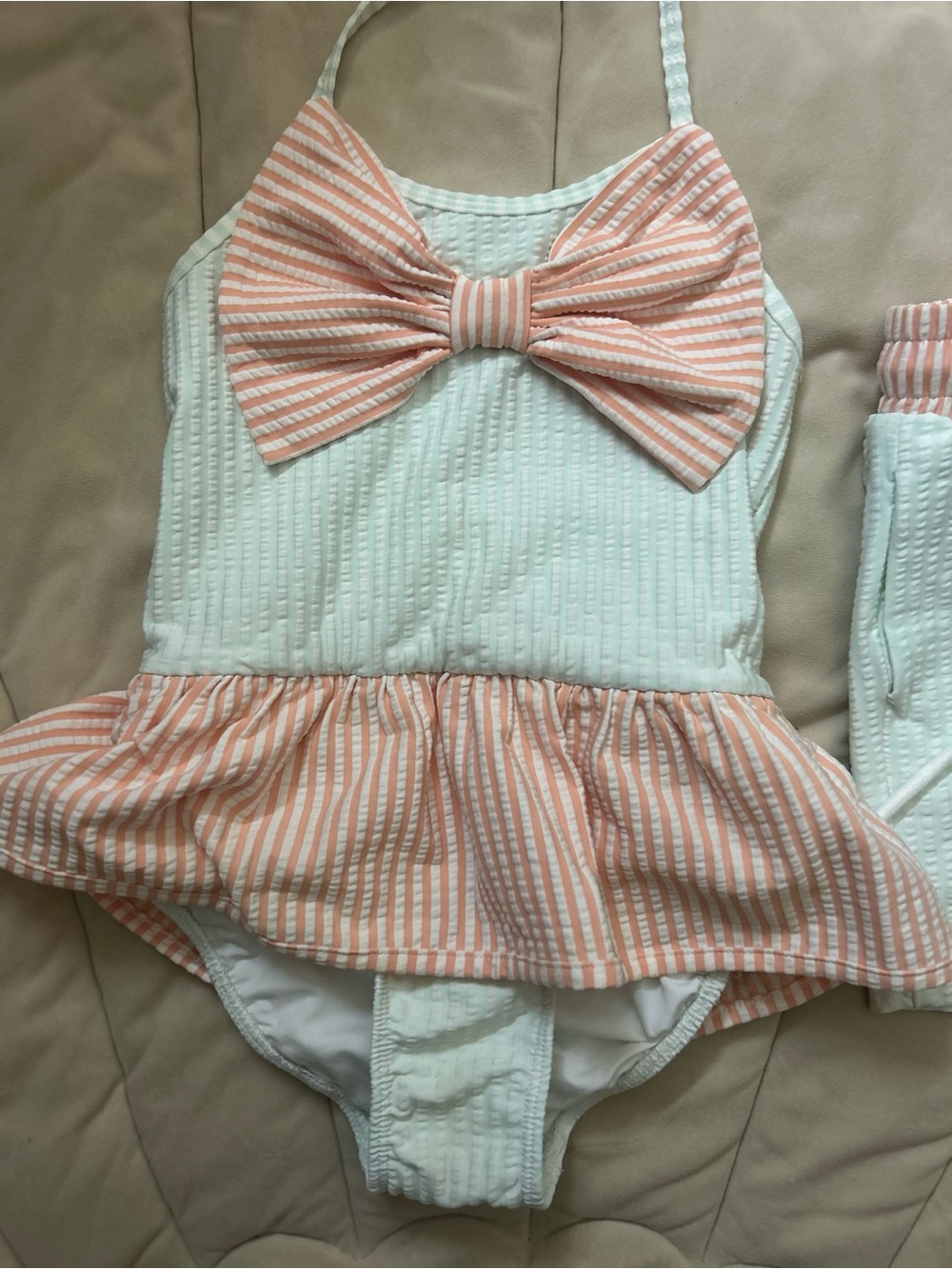 Stitchy fish - Striped Bow Peplum One-Piece Swimsuit - Peach & Light green